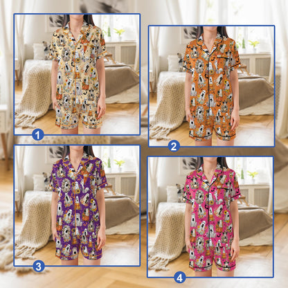 Boo Ghost Cat Halloween Satin Pajama Set, Cute Black Cat Spooky Season Pajamas, Fall Pumpkin Floral Halloween PJs, Cat Mom, Cat Lover Gift