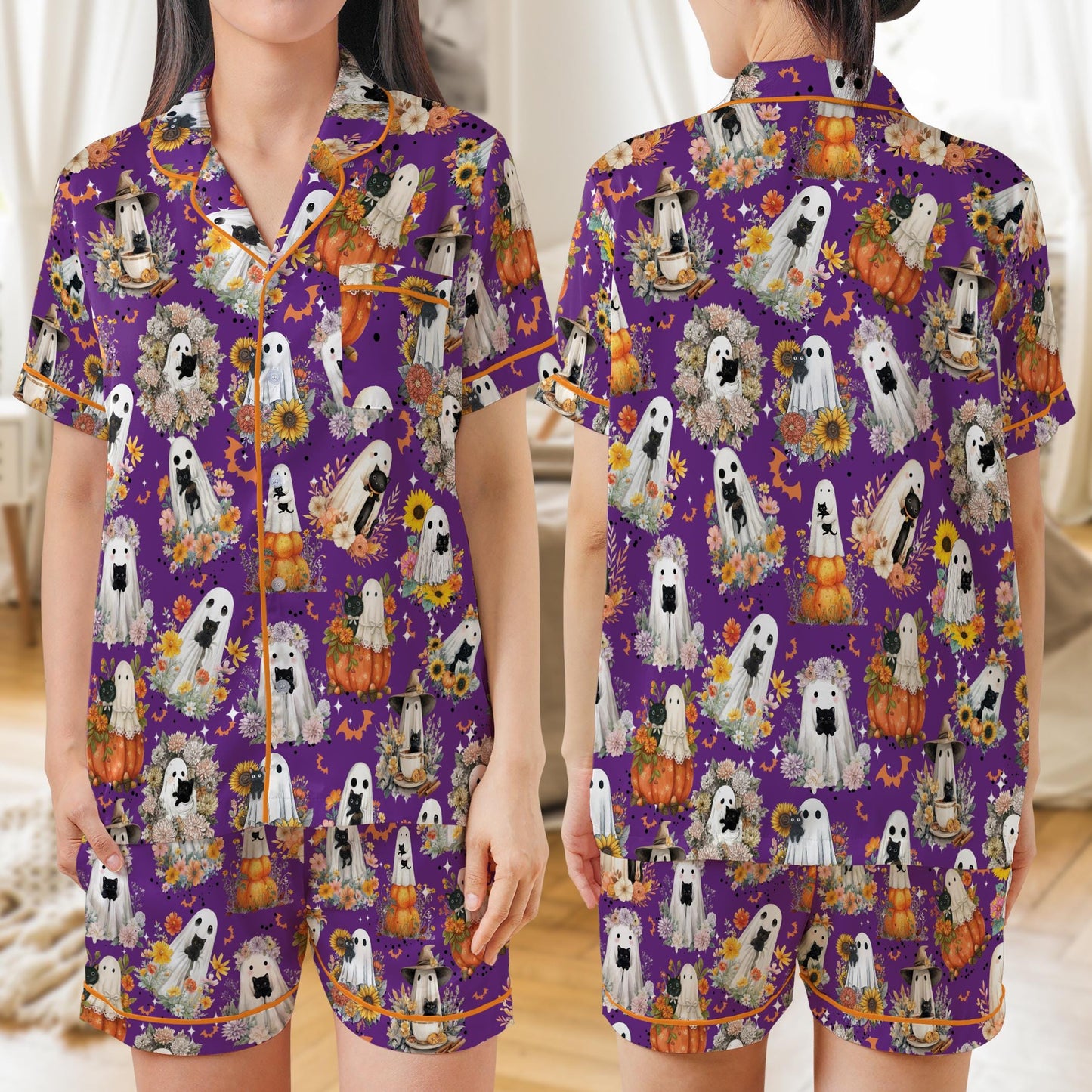 Boo Ghost Cat Halloween Satin Pajama Set, Cute Black Cat Spooky Season Pajamas, Fall Pumpkin Floral Halloween PJs, Cat Mom, Cat Lover Gift