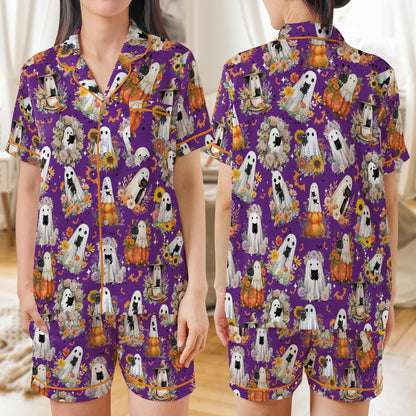 Boo Ghost Cat Halloween Satin Pajama Set, Cute Black Cat Spooky Season Pajamas, Fall Pumpkin Floral Halloween PJs, Cat Mom, Cat Lover Gift