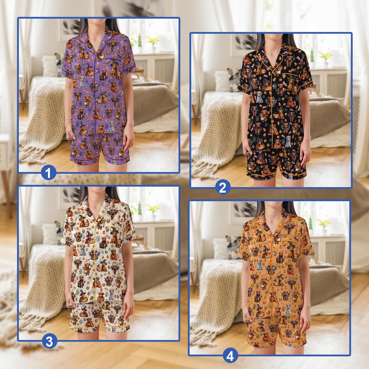 Cute Highland Cow Halloween Satin Pajama Set, Funny Mummy Witch Vampire Cow PJs, Spooky Farm Animal Fall Sleepwear, Moo I Mean Boo Pajamas