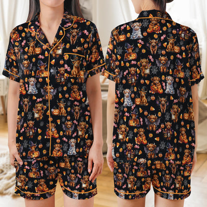 Cute Highland Cow Halloween Satin Pajama Set, Funny Mummy Witch Vampire Cow PJs, Spooky Farm Animal Fall Sleepwear, Moo I Mean Boo Pajamas