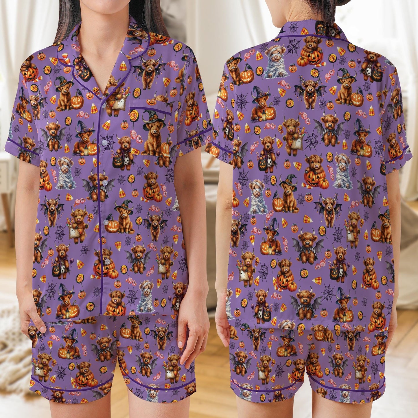 Cute Highland Cow Halloween Satin Pajama Set, Funny Mummy Witch Vampire Cow PJs, Spooky Farm Animal Fall Sleepwear, Moo I Mean Boo Pajamas