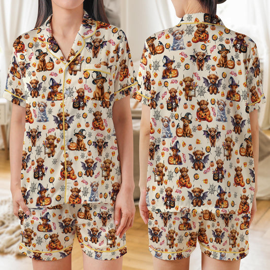 Cute Highland Cow Halloween Satin Pajama Set, Funny Mummy Witch Vampire Cow PJs, Spooky Farm Animal Fall Sleepwear, Moo I Mean Boo Pajamas