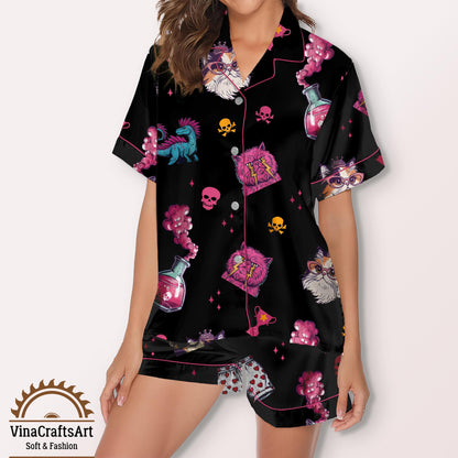 Magic Cat Potion Satin Pajamas Set, Black Short Sleeve Sleepwear with Fantasy Cat, Halloween Magic Cat Pajamas Set, Cat Lover Set