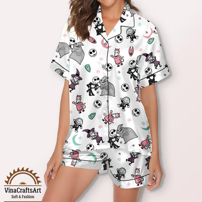Halloween Cartoon Satin Pajamas Set, White Short Sleeve Sleepwear with Spooky Cute Characters for Women, Goth Skeleton Pajamas Set