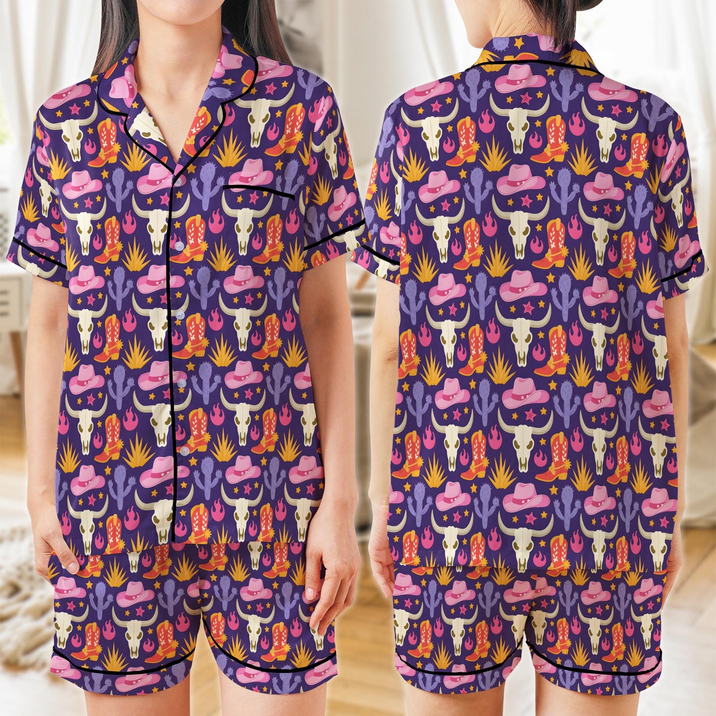 Western Cowgirl Satin Pajama Set, Western Bull Skull Cactus Pajamas, Cowgirl Vibes Sleepwear, Let's Go Girls Pajama Set, Cowgirl Country PJs