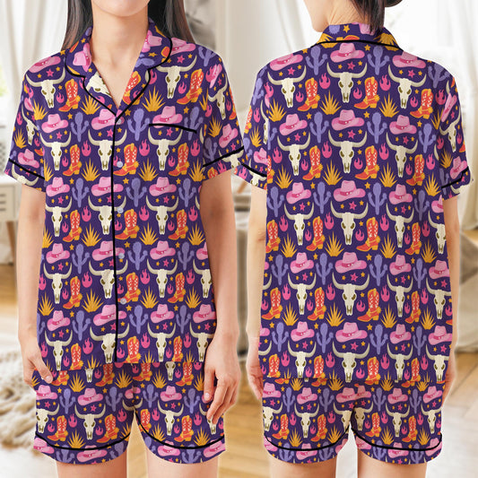 Western Cowgirl Satin Pajama Set, Western Bull Skull Cactus Pajamas, Cowgirl Vibes Sleepwear, Let's Go Girls Pajama Set, Cowgirl Country PJs