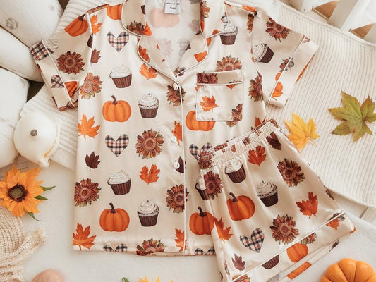 Cozy Fall Aesthetic Satin Pajamas,  Pumpkin Latte Fall Pjs, Cozy Season Pjs, Autumn Pajamas, Fall Pajamas, Pumpkin Pajamas, Family Pyjamas