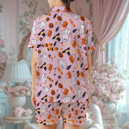Halloween Pajama Set, Retro Ghost Sleepwear, Pumpkin Season Loungewear, Pumpkin Ghost Pajamas, Trendy Candy Hunter Spooky Ghost, Boo Ghost
