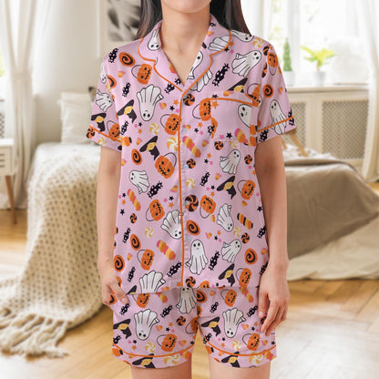Halloween Pajama Set, Retro Ghost Sleepwear, Pumpkin Season Loungewear, Pumpkin Ghost Pajamas, Trendy Candy Hunter Spooky Ghost, Boo Ghost