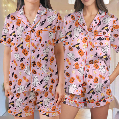 Halloween Pajama Set, Retro Ghost Sleepwear, Pumpkin Season Loungewear, Pumpkin Ghost Pajamas, Trendy Candy Hunter Spooky Ghost, Boo Ghost