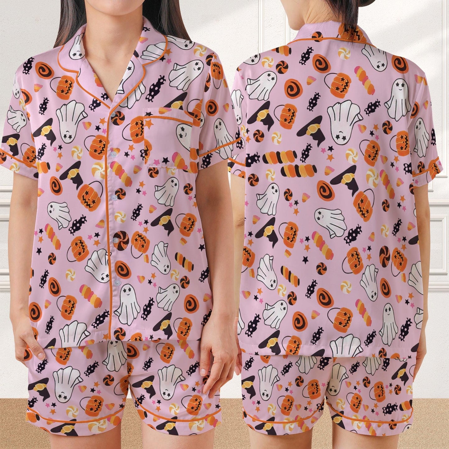Halloween Pajama Set, Retro Ghost Sleepwear, Pumpkin Season Loungewear, Pumpkin Ghost Pajamas, Trendy Candy Hunter Spooky Ghost, Boo Ghost