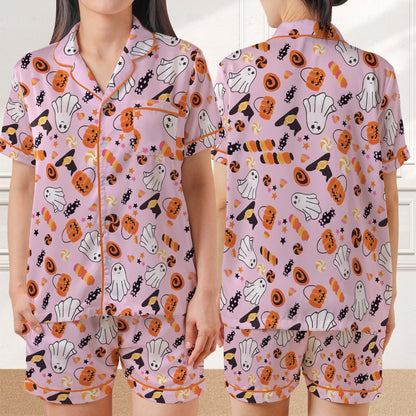 Halloween Pajama Set, Retro Ghost Sleepwear, Pumpkin Season Loungewear, Pumpkin Ghost Pajamas, Trendy Candy Hunter Spooky Ghost, Boo Ghost