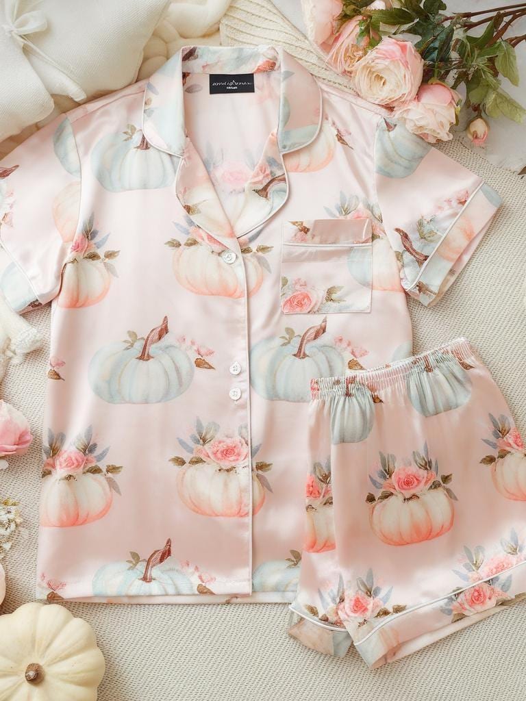 Cozy Fall Aesthetic Satin Pajamas, Pumpkin Patch Pajamas, Coquette Pumpkin Pajamas, Autumn Pajamas, Pumpkin Pajamas, Family Matching Pyjamas