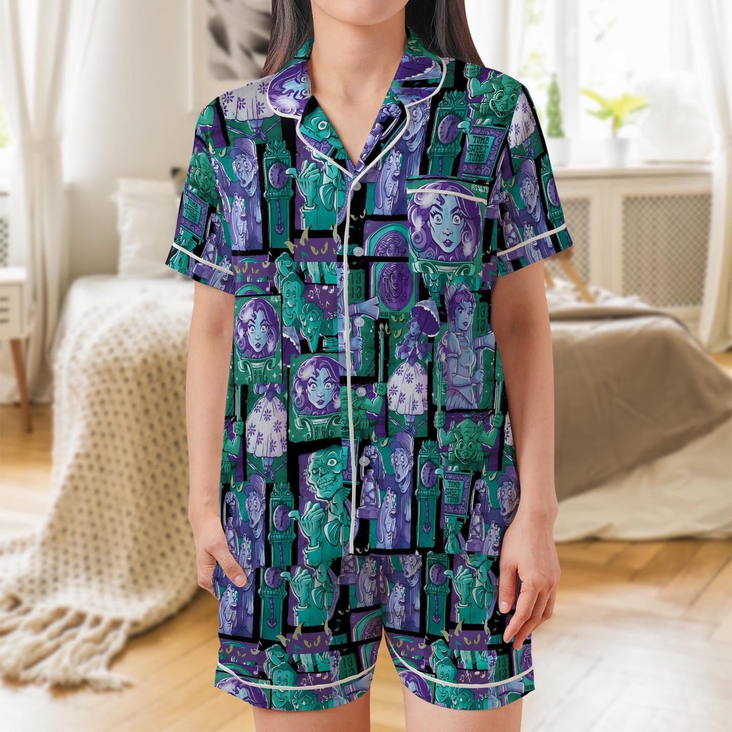 Retro The Haunted Mansion Pajama Set, Madam Leota Hitchhiking Ghosts The Hatbox Ghost Sleepwear, Welcome Foolish Mortals Loungewear Set