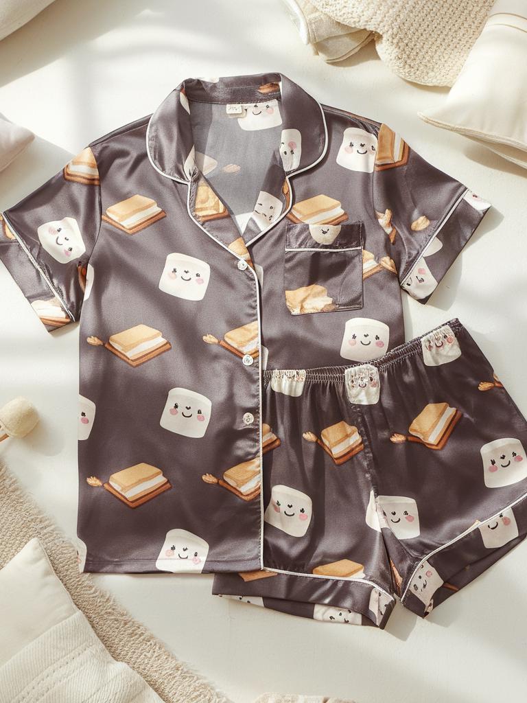 Cute S’mores Satin Pajamas Set, Cozy Fall Vibes Pajamas Set, Marshmallows Pajamas, Autumn Pajamas, Cozy Fall Pajamas Set, Family Pajamas Set