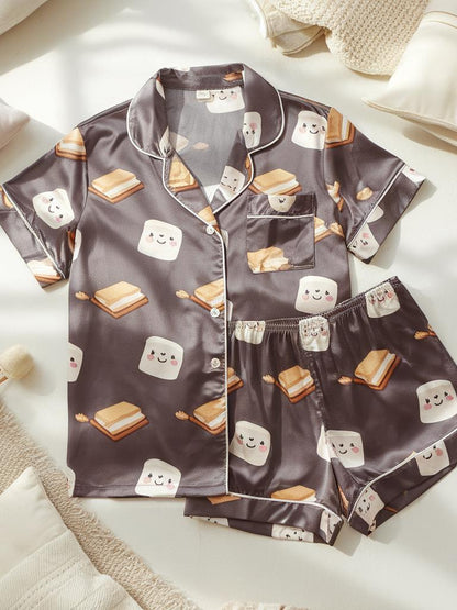 Cute S’mores Satin Pajamas Set, Cozy Fall Vibes Pajamas Set, Marshmallows Pajamas, Autumn Pajamas, Cozy Fall Pajamas Set, Family Pajamas Set