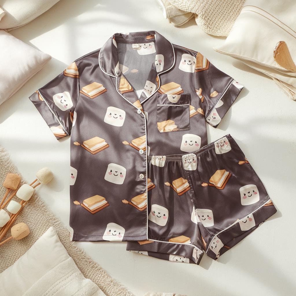 Cute S’mores Satin Pajamas Set, Cozy Fall Vibes Pajamas Set, Marshmallows Pajamas, Autumn Pajamas, Cozy Fall Pajamas Set, Family Pajamas Set