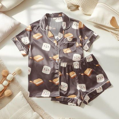 Cute S’mores Satin Pajamas Set, Cozy Fall Vibes Pajamas Set, Marshmallows Pajamas, Autumn Pajamas, Cozy Fall Pajamas Set, Family Pajamas Set