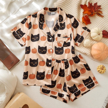 Pumpkins Cats Satin Pajamas Set, Halloween Pajamas Set, Pumpkins Pajamas, Mystical Pajamas, Black Cats Pajamas, Family Matching Pajamas Set