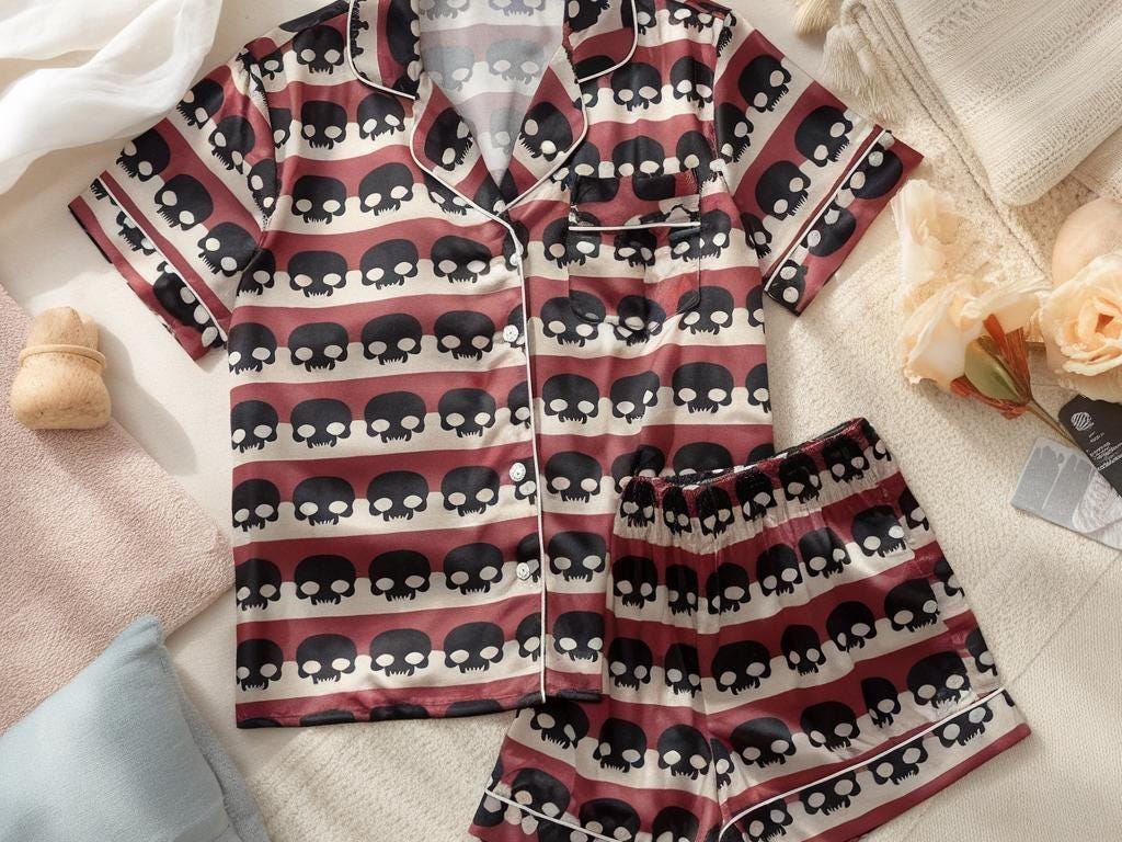 Black Skull Satin Pajamas Set, Halloween Pajamas Set, Skull Pajamas, Mystical Pajamas, Vintage Halloween Pajamas, Family Matching Pajamas