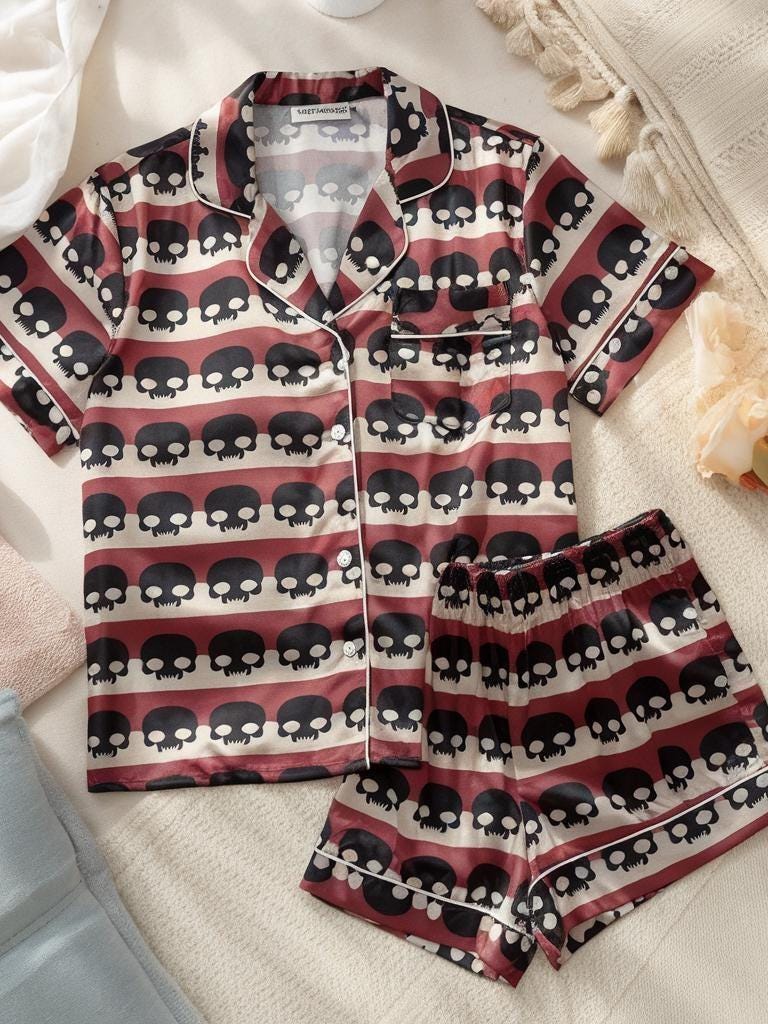 Black Skull Satin Pajamas Set, Halloween Pajamas Set, Skull Pajamas, Mystical Pajamas, Vintage Halloween Pajamas, Family Matching Pajamas