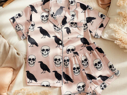 Black Crows and Skull Satin Pajamas Set, Halloween Pajamas Set, Black Crows Pajamas, Mystical Pajamas, Skull Pajama, Family Matching Pyjamas