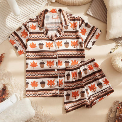 Fox, Maple Leaves and Acorns Satin Pajamas,  Cozy Fall Aesthetic Pajamas, Cozy Season Pjs, Autumn Pajamas, Fall Fox Pajamas, Family Pyjamas
