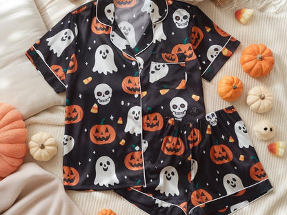 Halloween Satin Pajamas Set, Halloween Pjs, Ghost Halloween Pajamas, Pumpkin Ghost Skull Pajamas Set, Pumpkin Pajamas, Spooky Season Gift