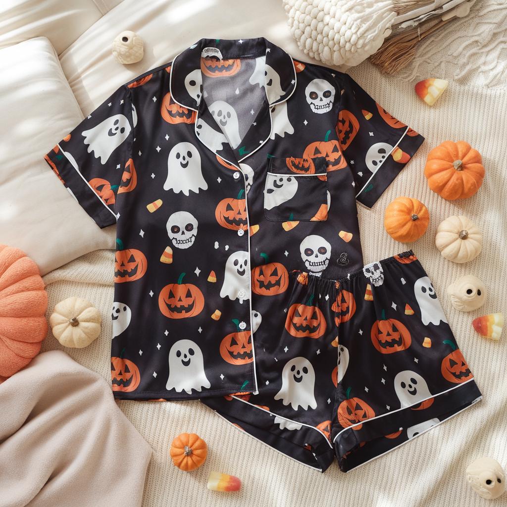 Halloween Satin Pajamas Set, Halloween Pjs, Ghost Halloween Pajamas, Pumpkin Ghost Skull Pajamas Set, Pumpkin Pajamas, Spooky Season Gift