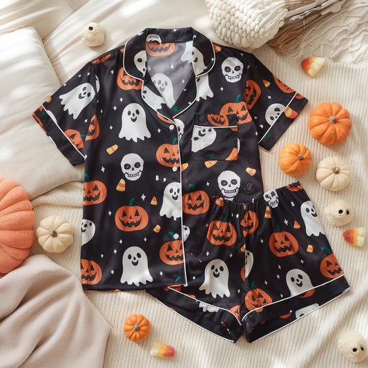 Halloween Satin Pajamas Set, Halloween Pjs, Ghost Halloween Pajamas, Pumpkin Ghost Skull Pajamas Set, Pumpkin Pajamas, Spooky Season Gift