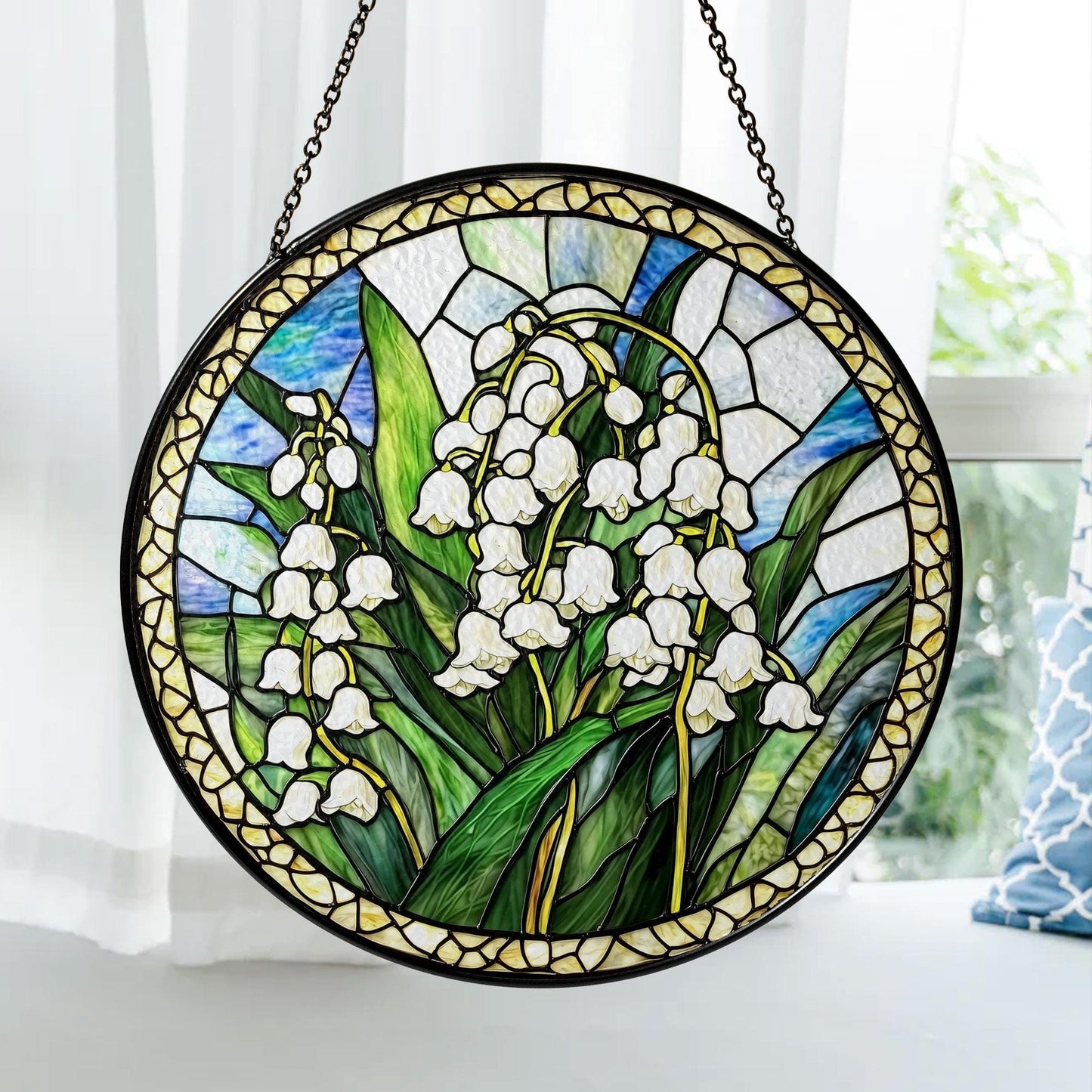 Lily of the Valley Stained Glass Suncatcher, Round Hanging Window Panel, Floral Garden Home Decor, Handmade Glass Art Gift for Her