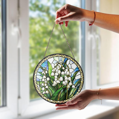 Lily of the Valley Stained Glass Suncatcher, Round Hanging Window Panel, Floral Garden Home Decor, Handmade Glass Art Gift for Her