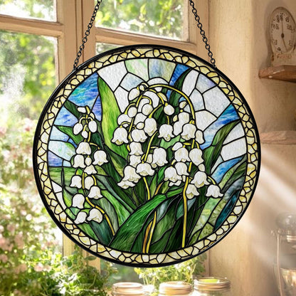 Lily of the Valley Stained Glass Suncatcher, Round Hanging Window Panel, Floral Garden Home Decor, Handmade Glass Art Gift for Her