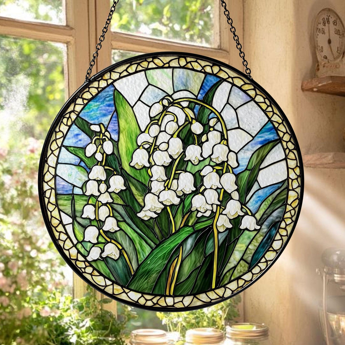Lily of the Valley Stained Glass Suncatcher, Round Hanging Window Panel, Floral Garden Home Decor, Handmade Glass Art Gift for Her