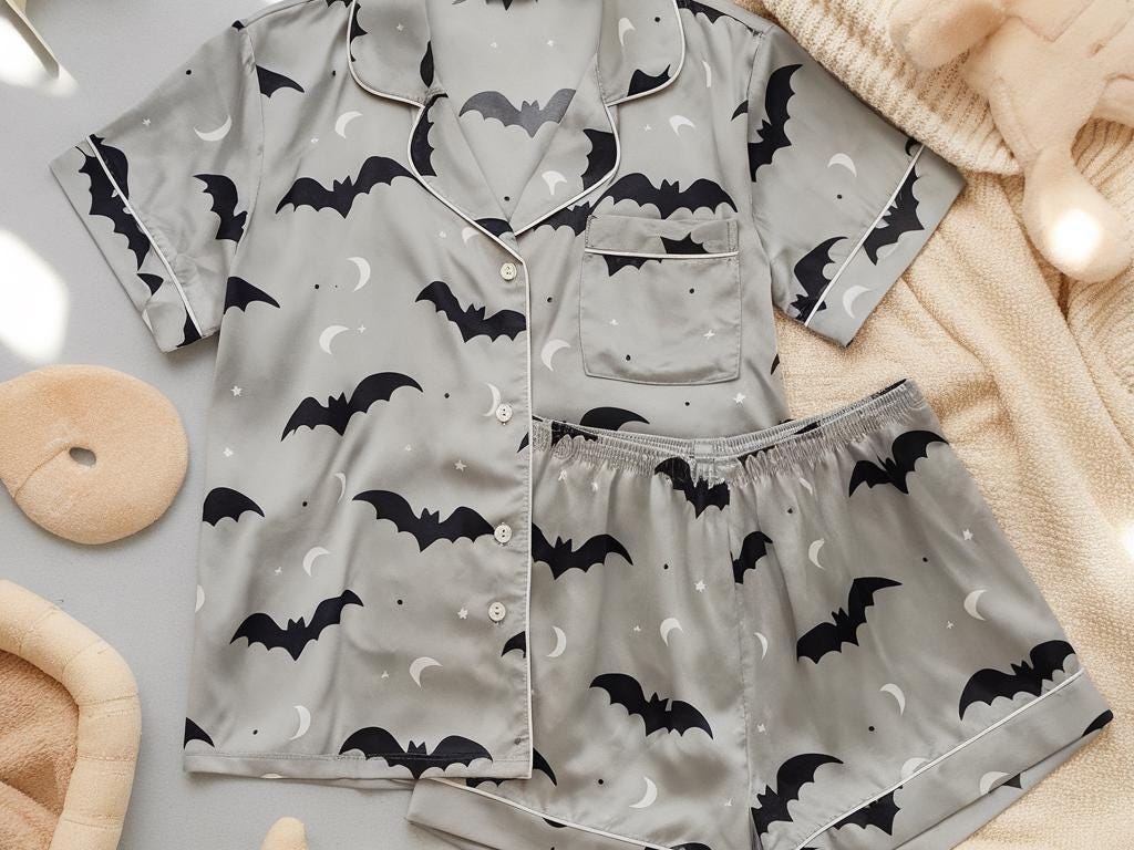Bats Satin Pajamas Set, Halloween Pajamas, Goth Pajama, Mystical Pajamas, Vintage Halloween Pajamas, Family Matching Pajamas, Gothic Pajamas