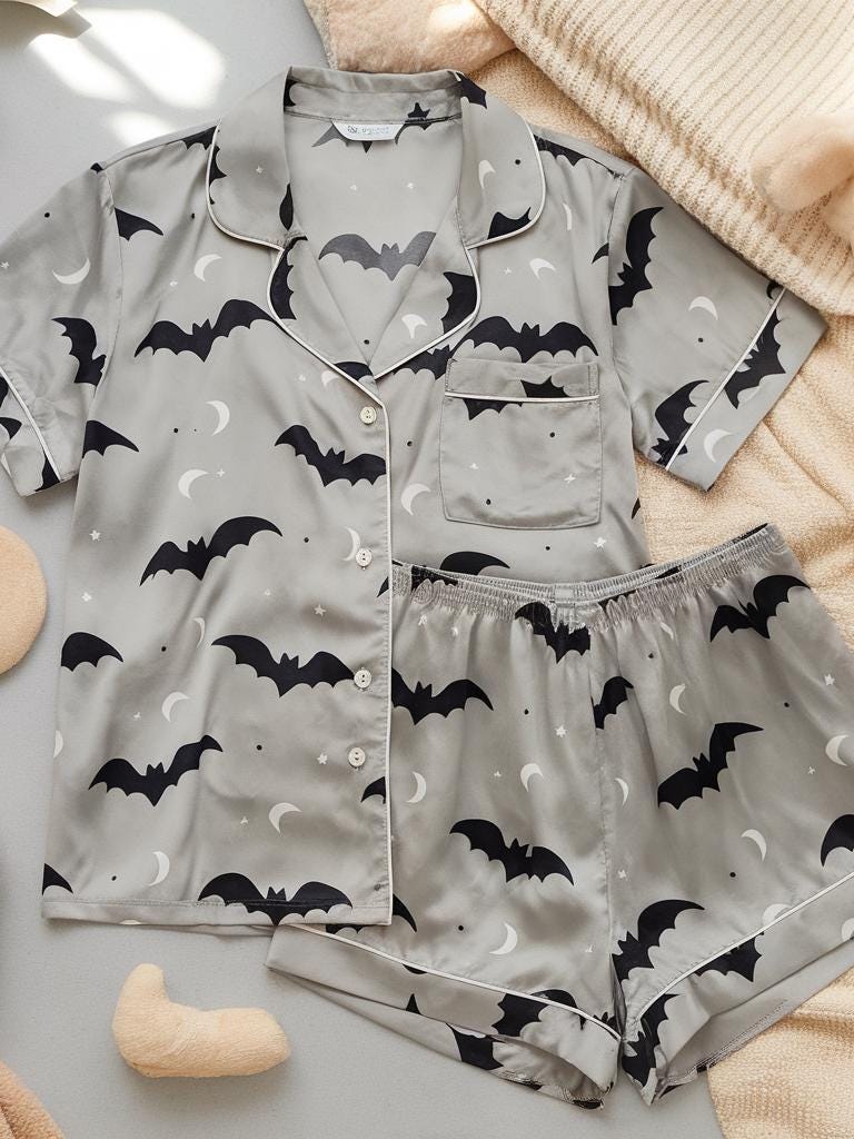 Bats Satin Pajamas Set, Halloween Pajamas, Goth Pajama, Mystical Pajamas, Vintage Halloween Pajamas, Family Matching Pajamas, Gothic Pajamas