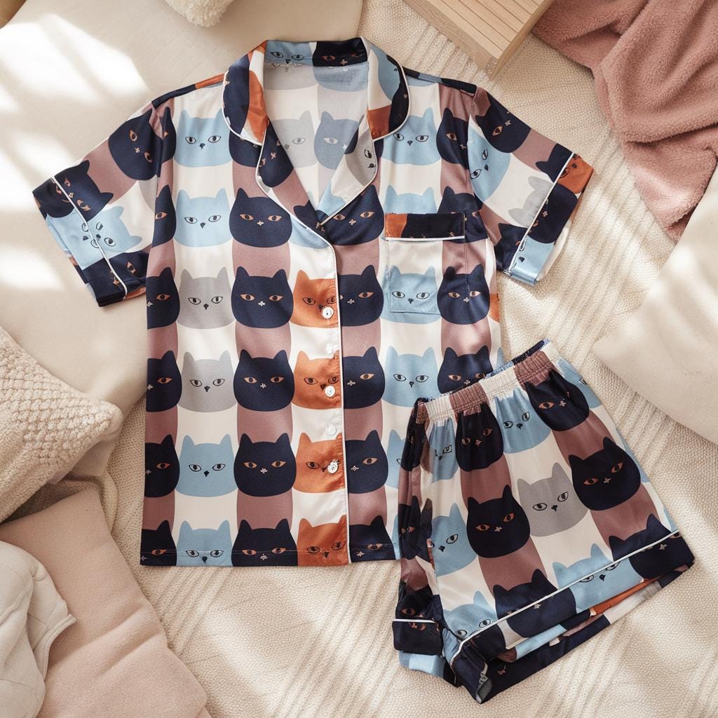 Autumn Cats Face Satin Pajamas, Halloween Pajamas Set, Cat Pajamas, Fall Cats Pajamas, Cozy Autumn Vibe Pajamas, Family Matching Pajamas Set