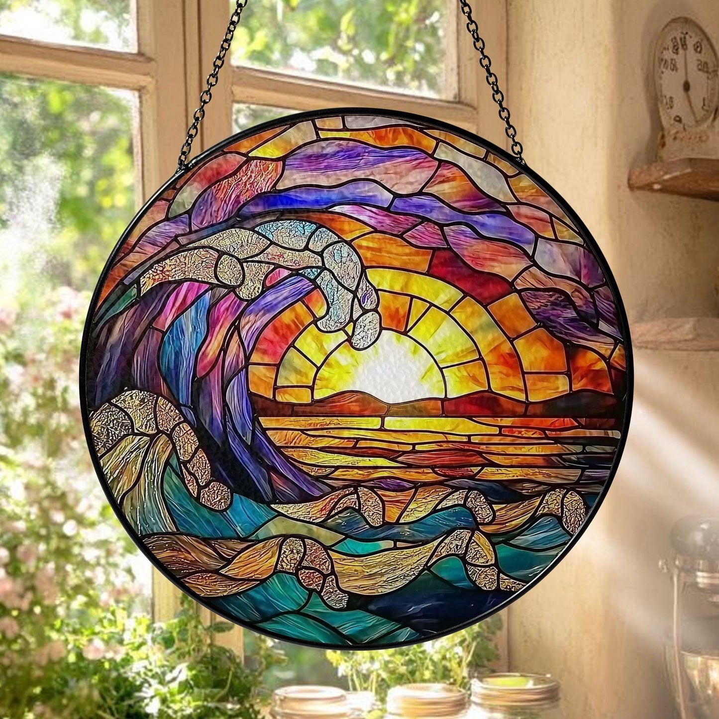 Ocean Wave Stained Glass Suncatcher, Round Hanging Window Panel, Sunset Beach Coastal Home Decor, Handmade Sea Wave Glass Art Gift