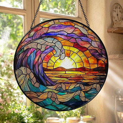 Ocean Wave Stained Glass Suncatcher, Round Hanging Window Panel, Sunset Beach Coastal Home Decor, Handmade Sea Wave Glass Art Gift