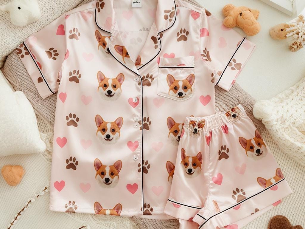 Custom Pet Face on Pajamas Set, Custom Pet Photo Pajamas, Custom Pajamas with Pet Face, Custom Short Sleeve Pajama Set, Birthday Party Gifts