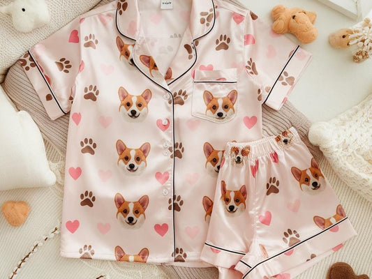 Custom Pet Face on Pajamas Set, Custom Pet Photo Pajamas, Custom Pajamas with Pet Face, Custom Short Sleeve Pajama Set, Birthday Party Gifts