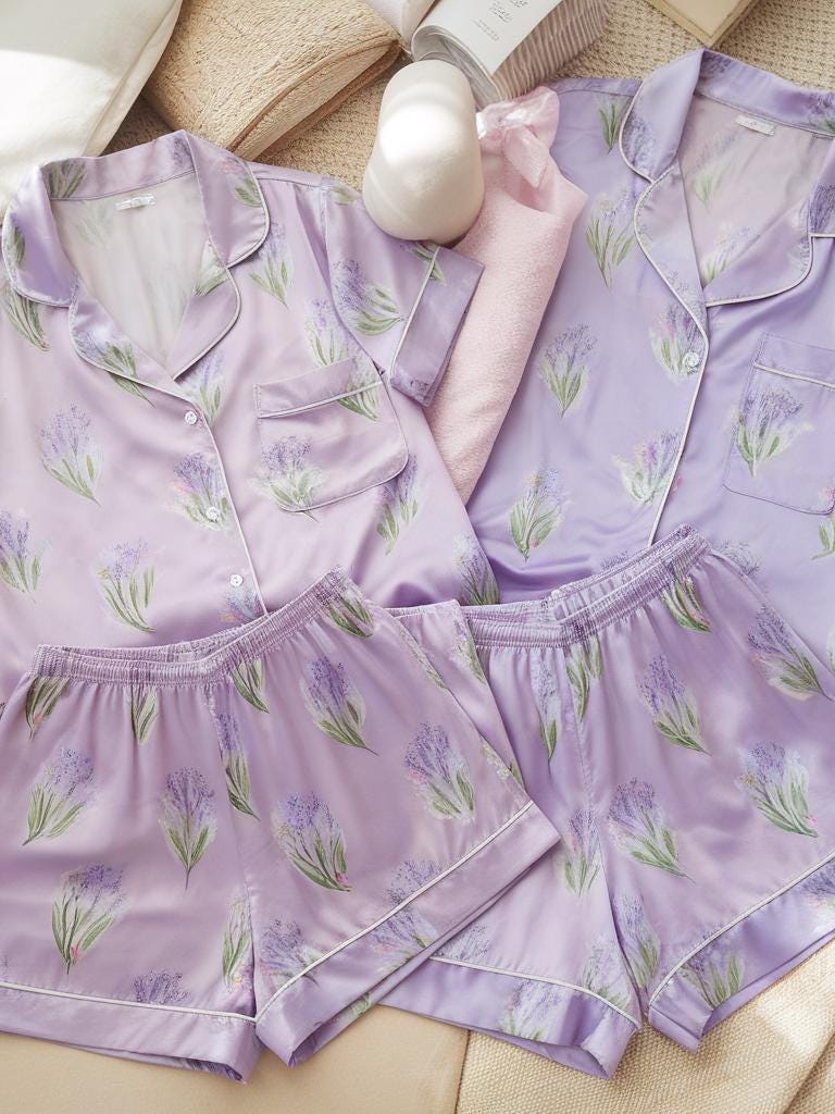 Floral Bridesmaid Satin Pajamas Set, Bridesmaid Pajamas, Lavender Floral Pjs, Wedding Pajamas, Bridal Pajamas, Bridal Gift, Bachelorette Pjs