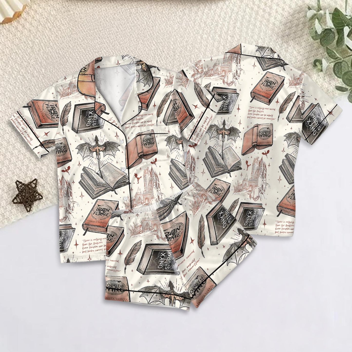 Fourth Wing Fantasy Bookish Satin Pajamas Set, Dragon Rider Bookish Loungewear Set, Romantasy Satin Sleepwear