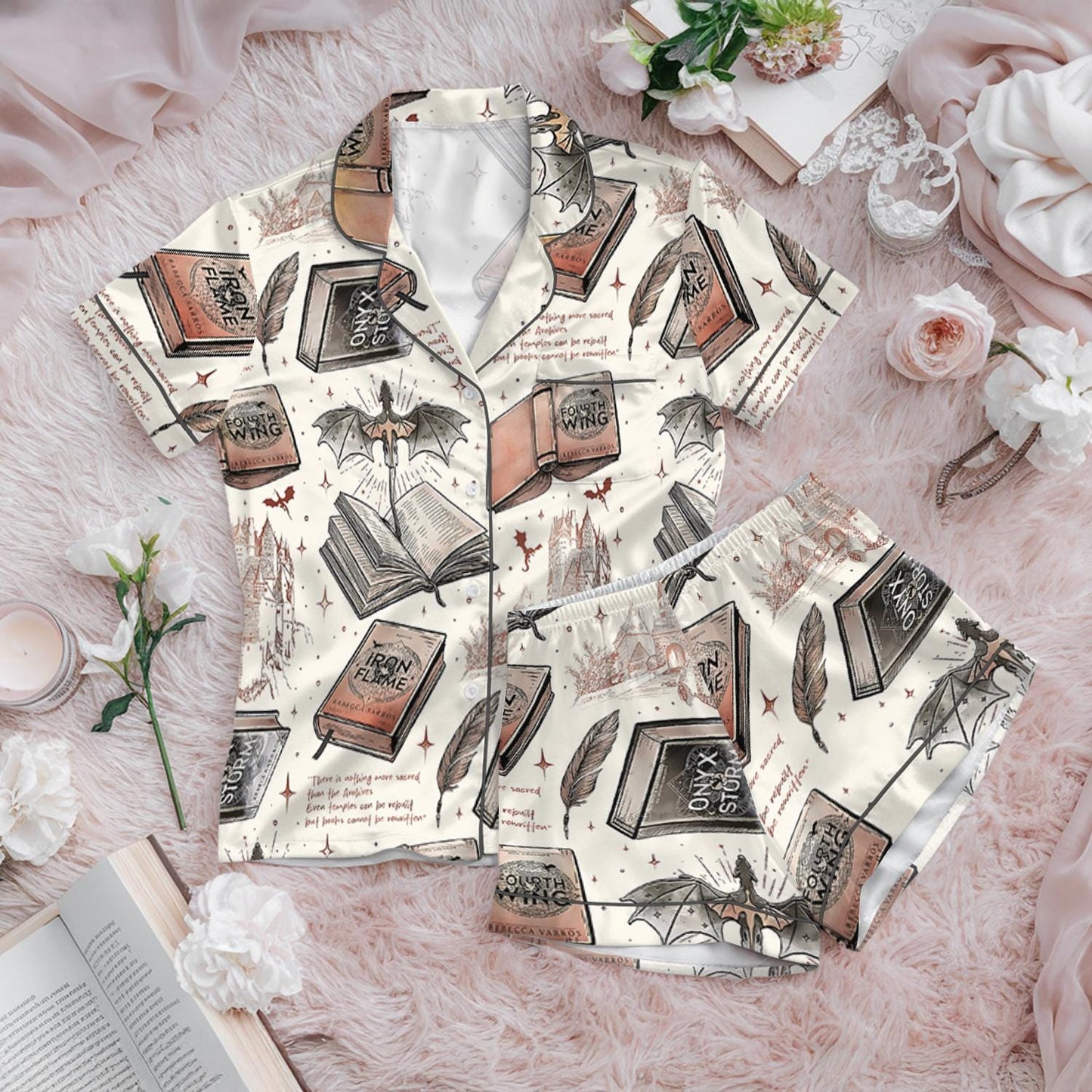 Fourth Wing Fantasy Bookish Satin Pajamas Set, Dragon Rider Bookish Loungewear Set, Romantasy Satin Sleepwear