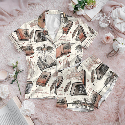 Fourth Wing Fantasy Bookish Satin Pajamas Set, Dragon Rider Bookish Loungewear Set, Romantasy Satin Sleepwear