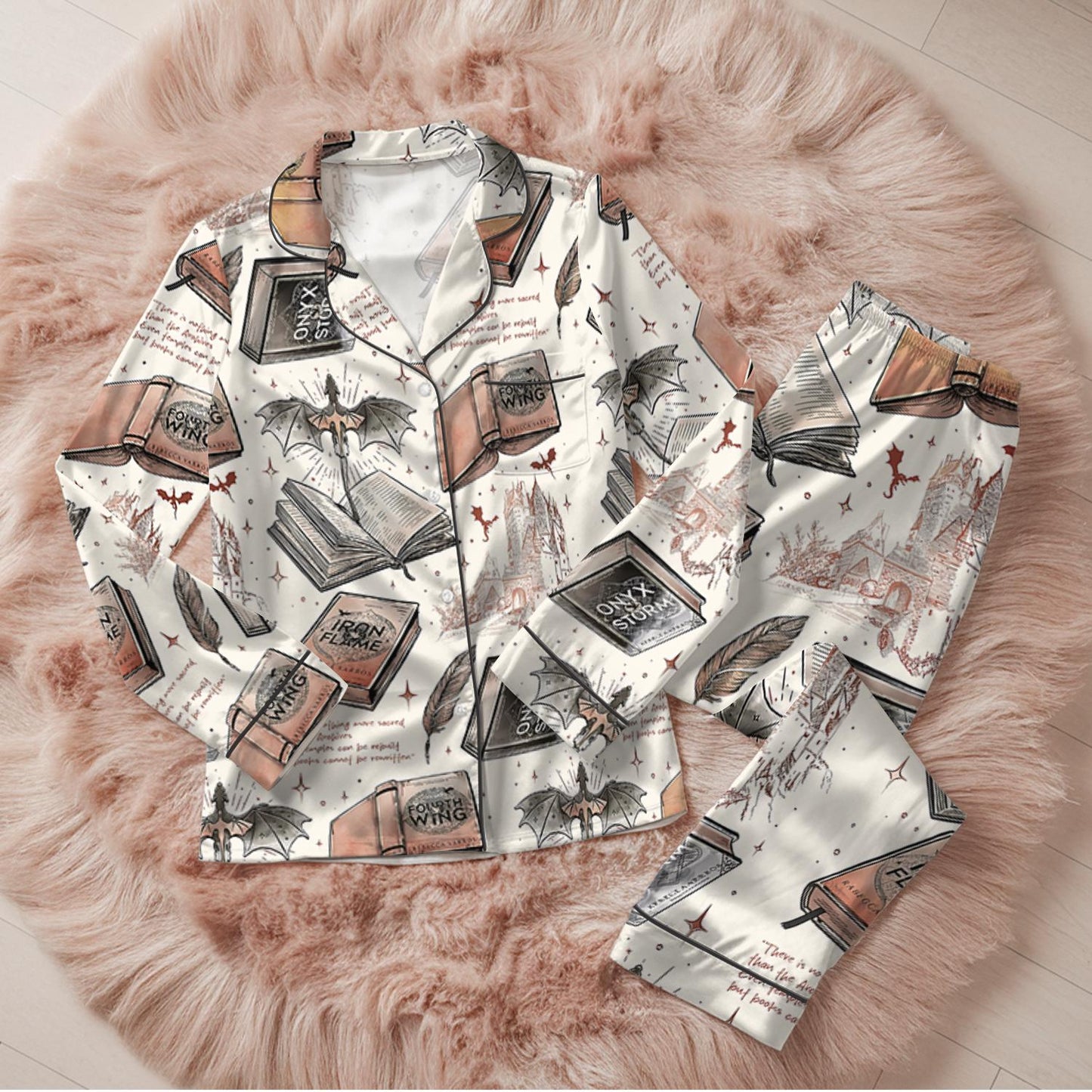 Fourth Wing Fantasy Bookish Satin Pajamas Set, Dragon Rider Bookish Loungewear Set, Romantasy Satin Sleepwear