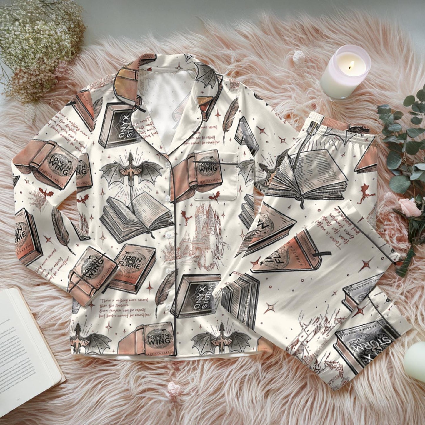 Fourth Wing Fantasy Bookish Satin Pajamas Set, Dragon Rider Bookish Loungewear Set, Romantasy Satin Sleepwear