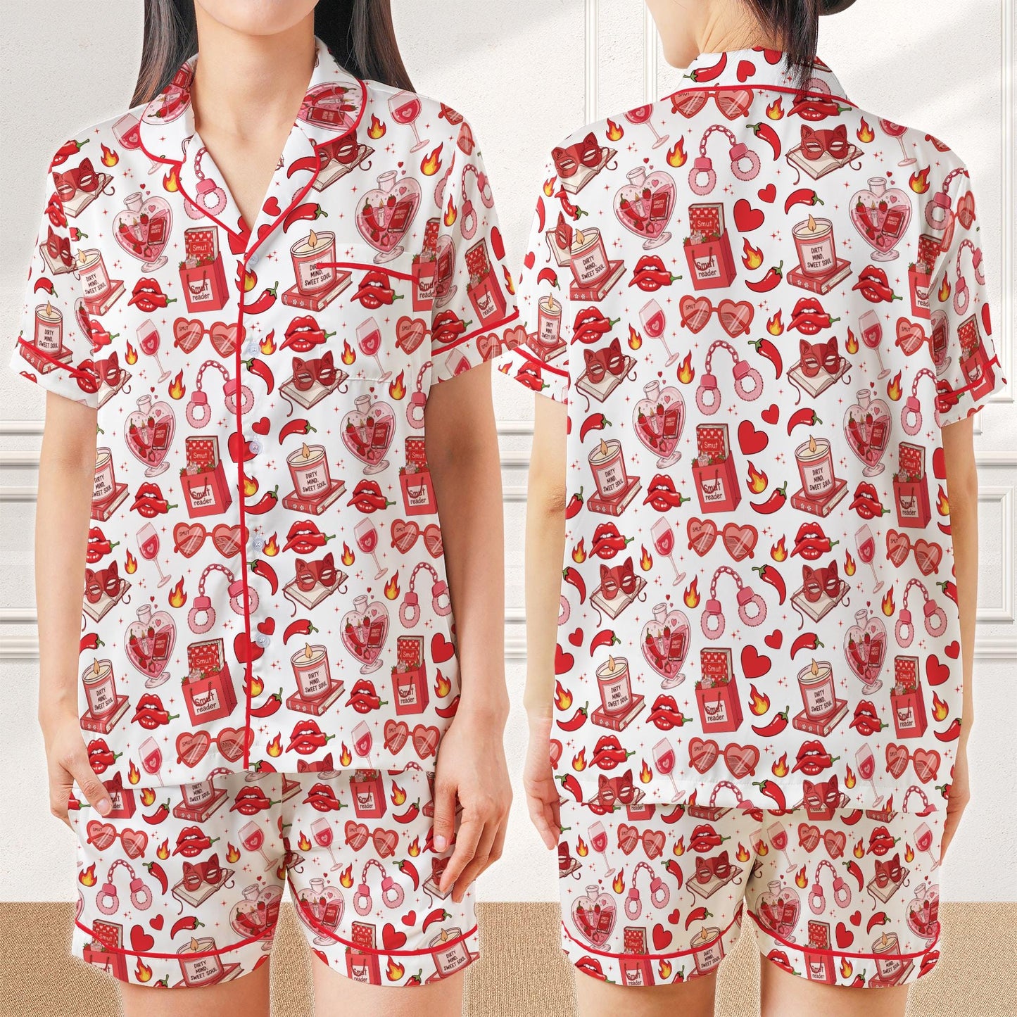 Smutty Book Lover Satin Pajamas, Funny Spicy Book Home Wear Pajamas Set, Spicy Romance Reader Gift,  Smut Slut Bookish Spicy Pajamas Set