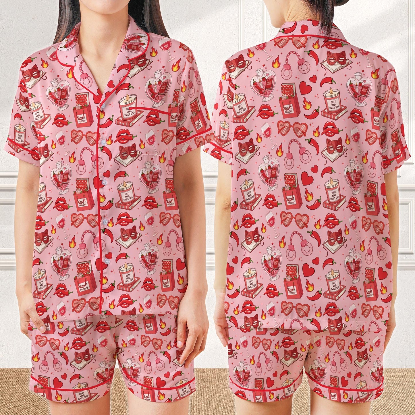 Smutty Book Lover Satin Pajamas, Funny Spicy Book Home Wear Pajamas Set, Spicy Romance Reader Gift,  Smut Slut Bookish Spicy Pajamas Set